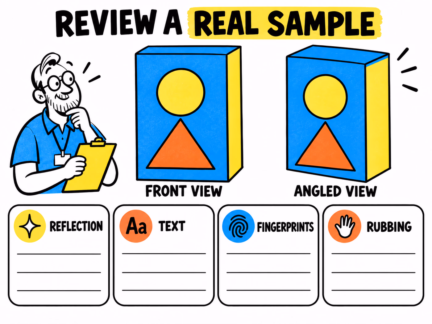 Sample-observation worksheet combines front and angled views with blank fields for reflection, text, fingerprints and rubbing.