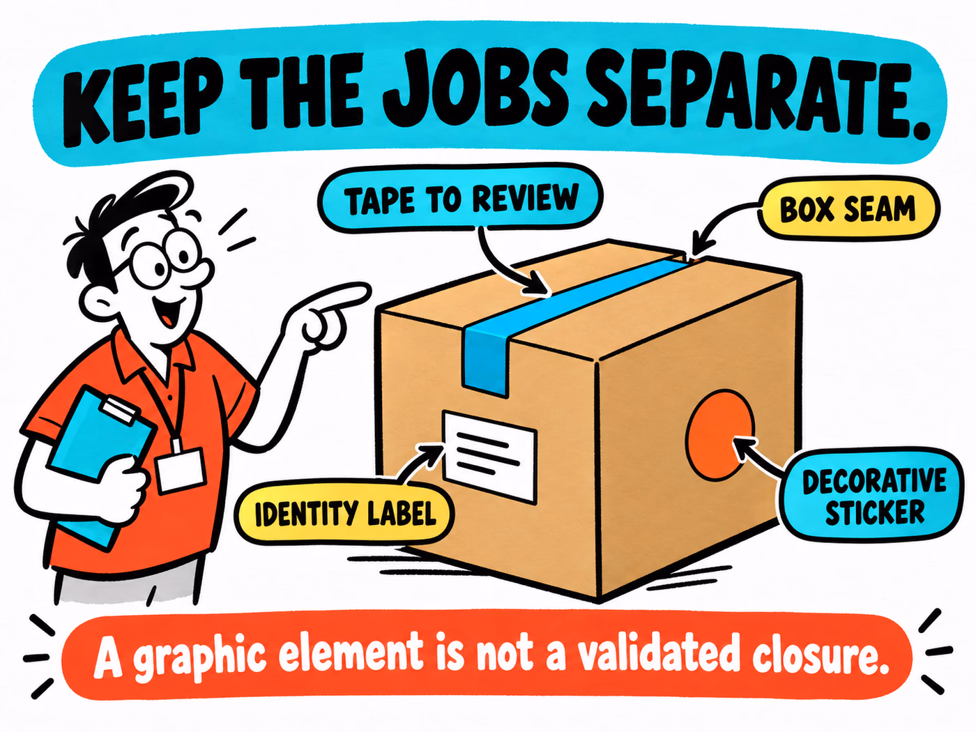 Box-seam diagram separates proposed tape, a side identity label, and a decorative sticker, with a reminder that a graphic is not a validated closure.