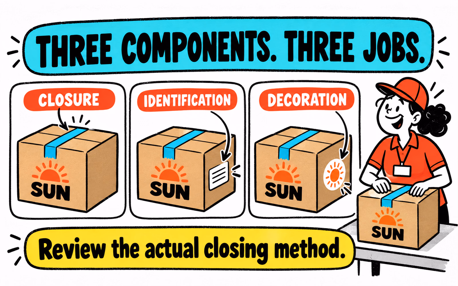 Three cartoon Sun boxes distinguish tape across the top seam, a side identification label, and a decorative sun sticker positioned away from the seam.