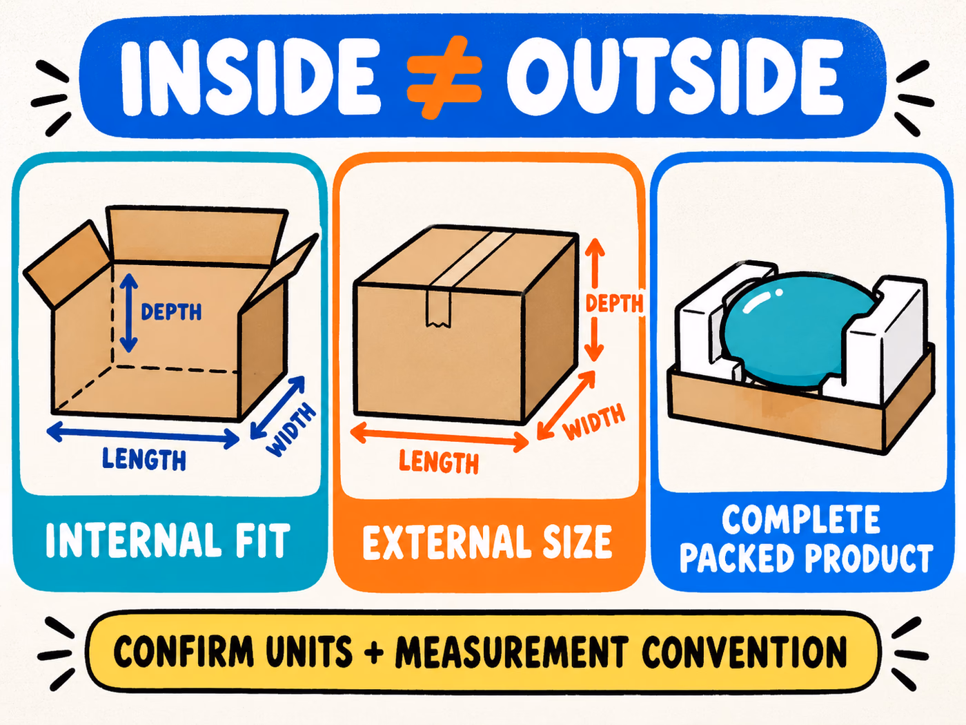Three schematic panels distinguish internal box fit, external box size, and the complete packed product, with labeled length, width, and depth axes.