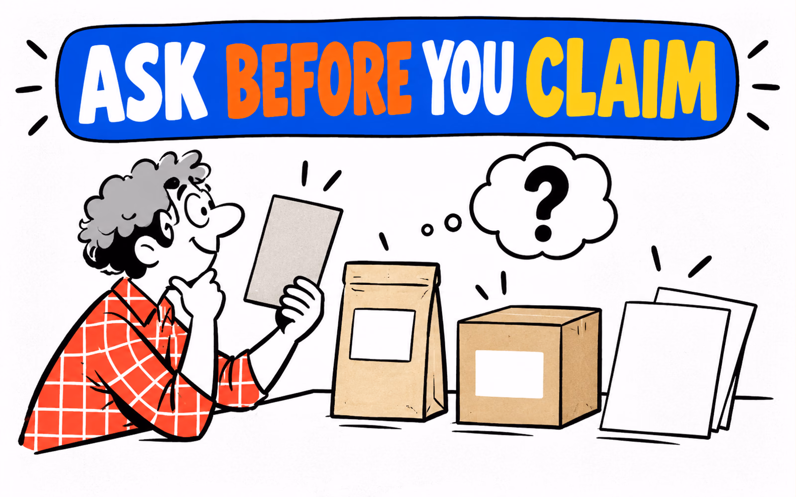 Cartoon buyer compares a plain paper bag, label and carton beside blank documentation sheets in a blue, orange and yellow workspace.