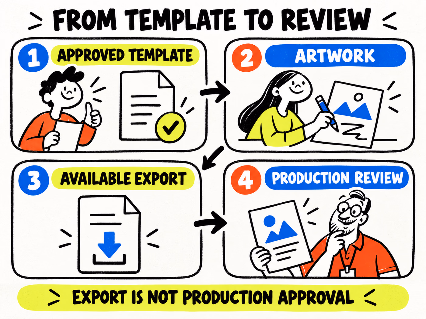 Four-step artwork workflow moves from approved template to artwork, available export, and production review, with export distinguished from approval.