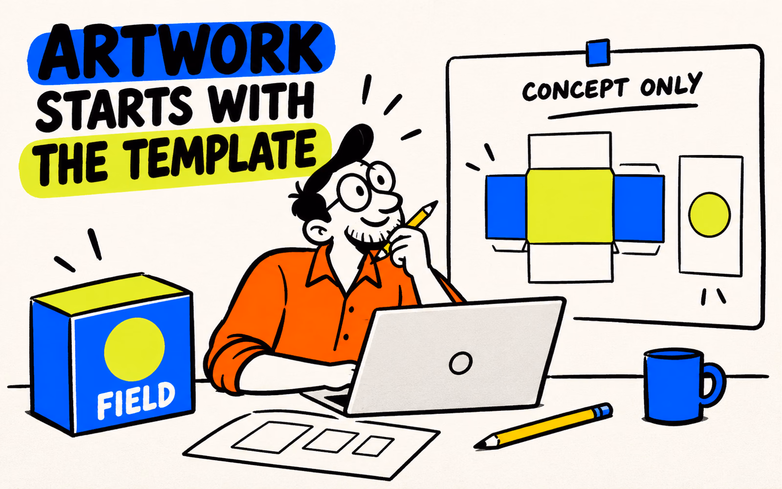 Cartoon designer at a neutral laptop beside an original Field box and a symbolic panel plan labeled concept only.