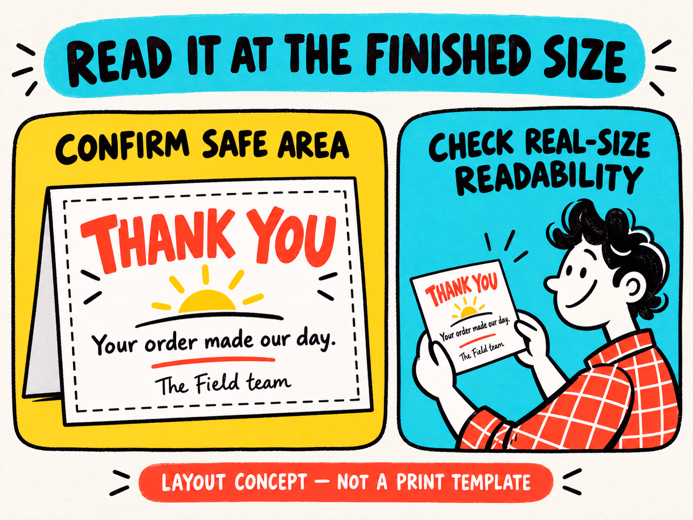 Illustrative thank-you card with a conceptual safe-area boundary sits beside a cartoon reader checking real-size readability.
