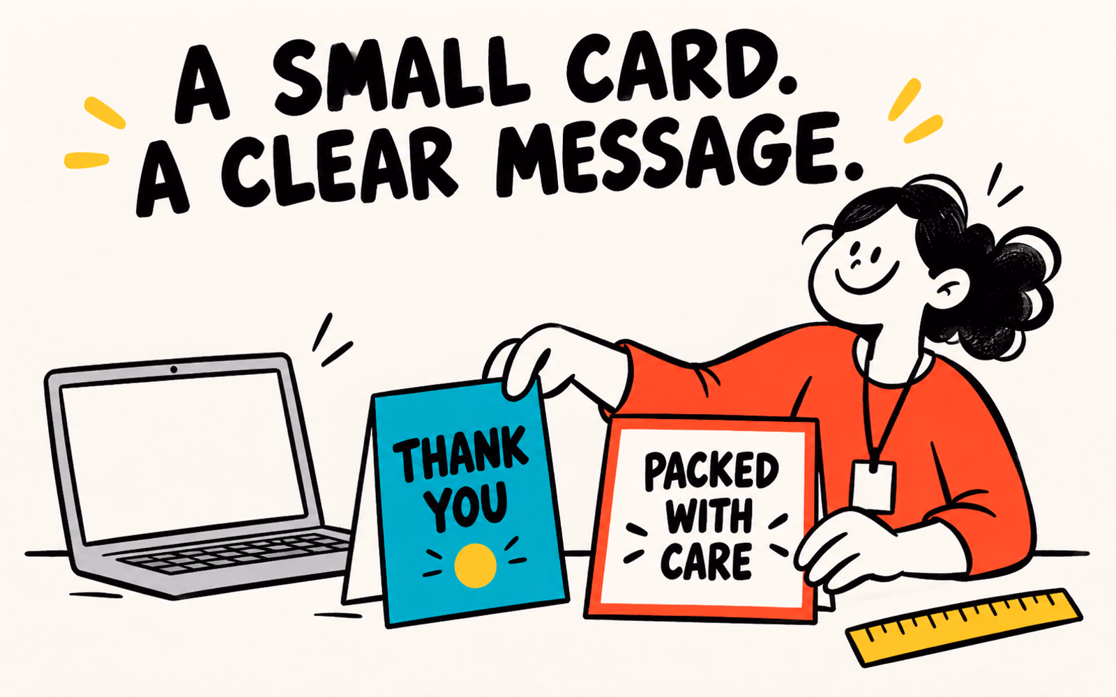 Two original illustrated cards reading Thank You and Packed with Care beside a blank laptop, ruler without numbers, and a cartoon designer.