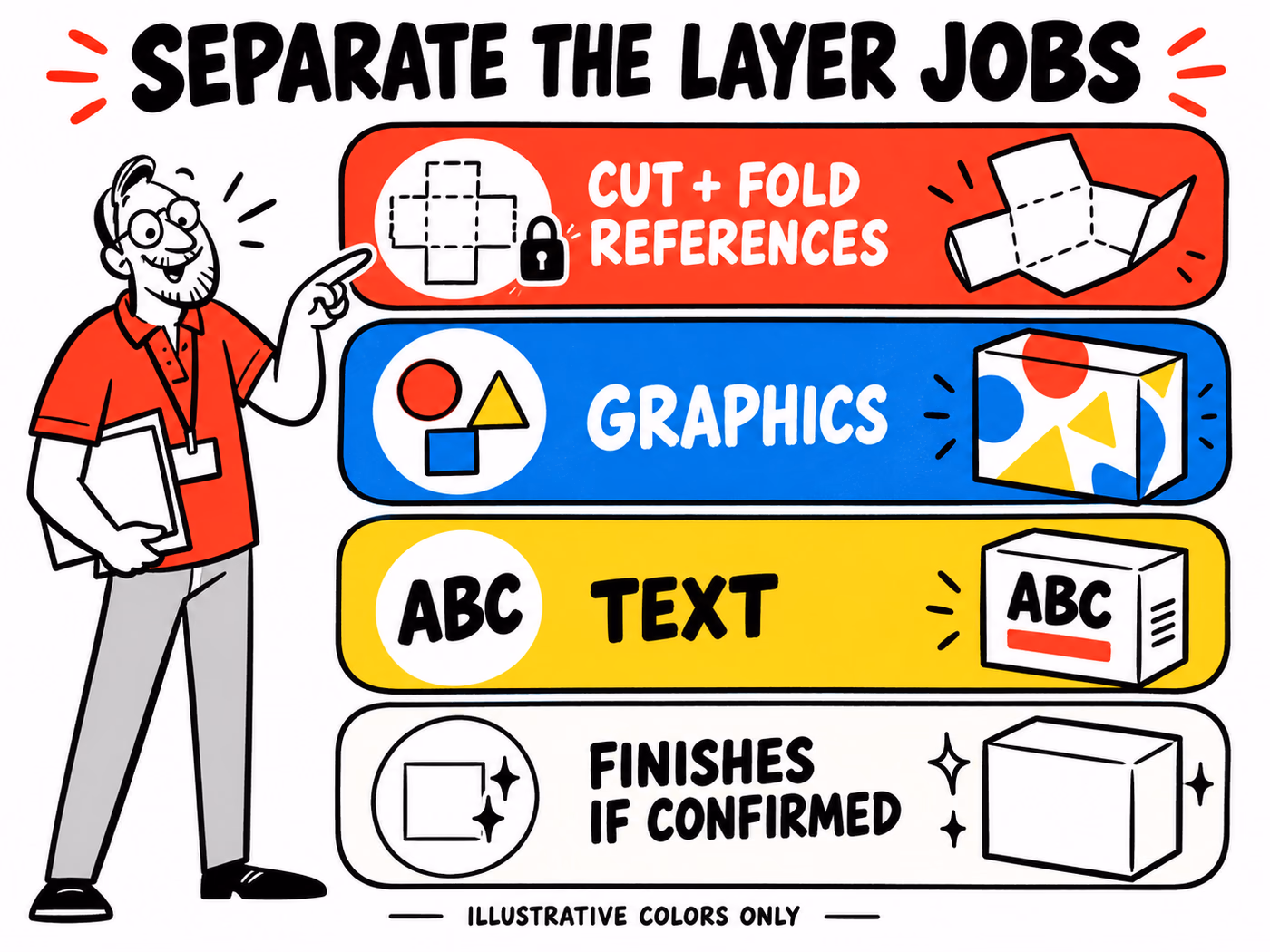 Layer diagram separates cut and fold references, graphics, text and finishes if confirmed, using illustrative colors rather than a production code.
