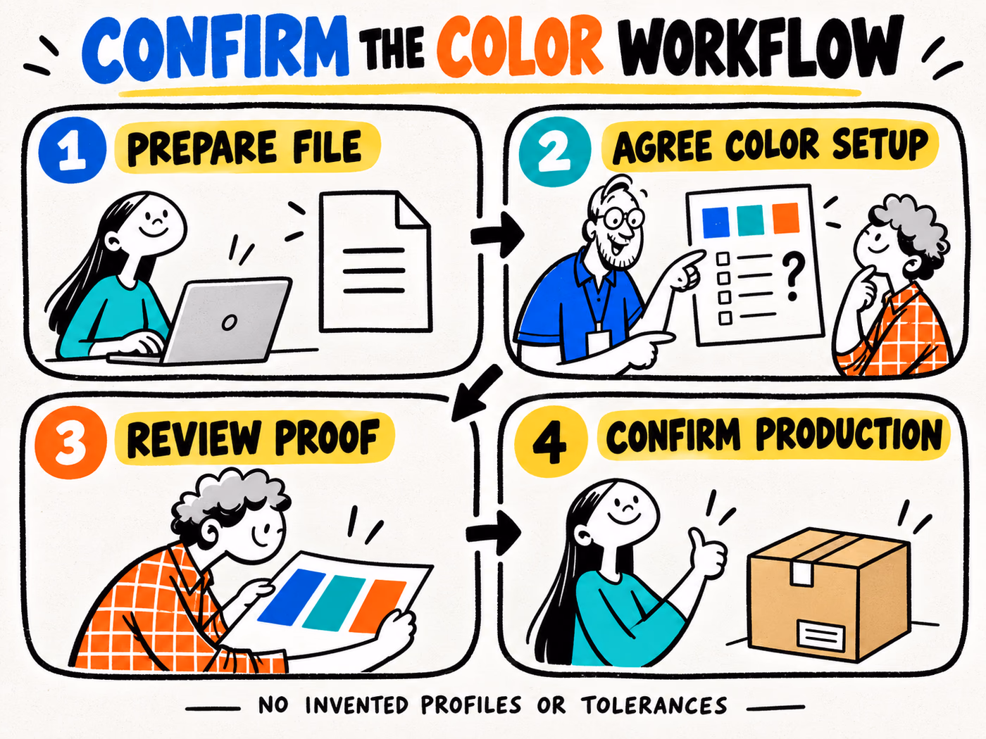 Four-step color workflow moves from file preparation and agreed color setup to proof review and production confirmation.