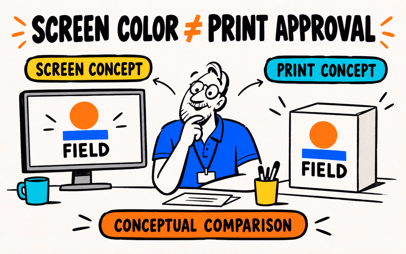 Cartoon designer compares an original Field graphic on a neutral screen and a box concept with the same circle and stripe.
