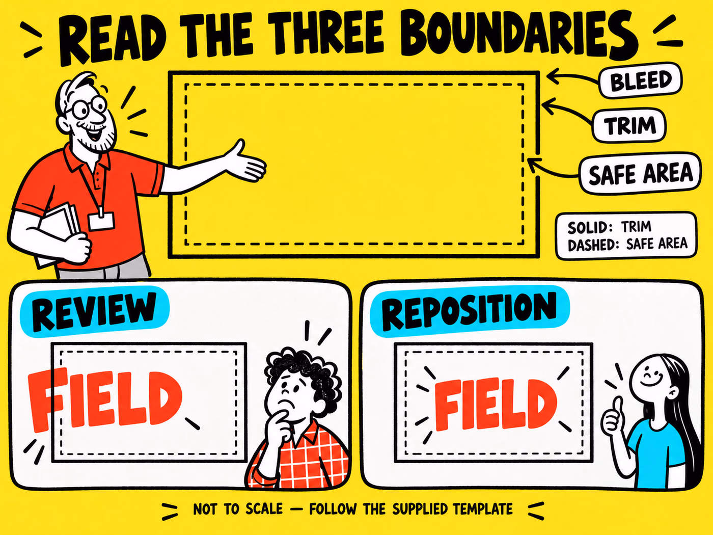 Not-to-scale boundary diagram distinguishes trim, bleed, and safe area, with a text-placement review and repositioned example.