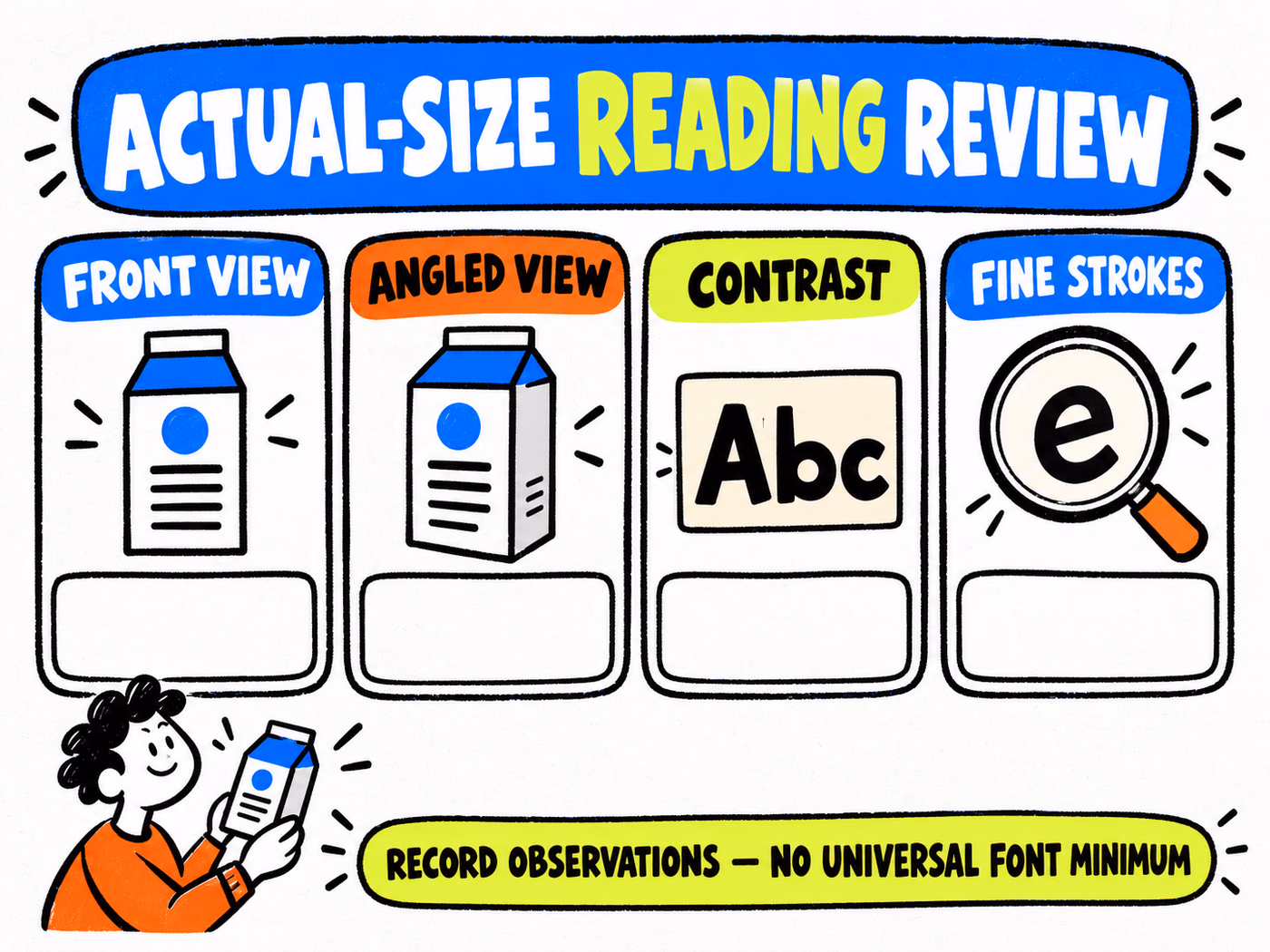 Blank actual-size reading worksheet records front view, angled view, contrast, and fine-stroke observations without scores or checked results.