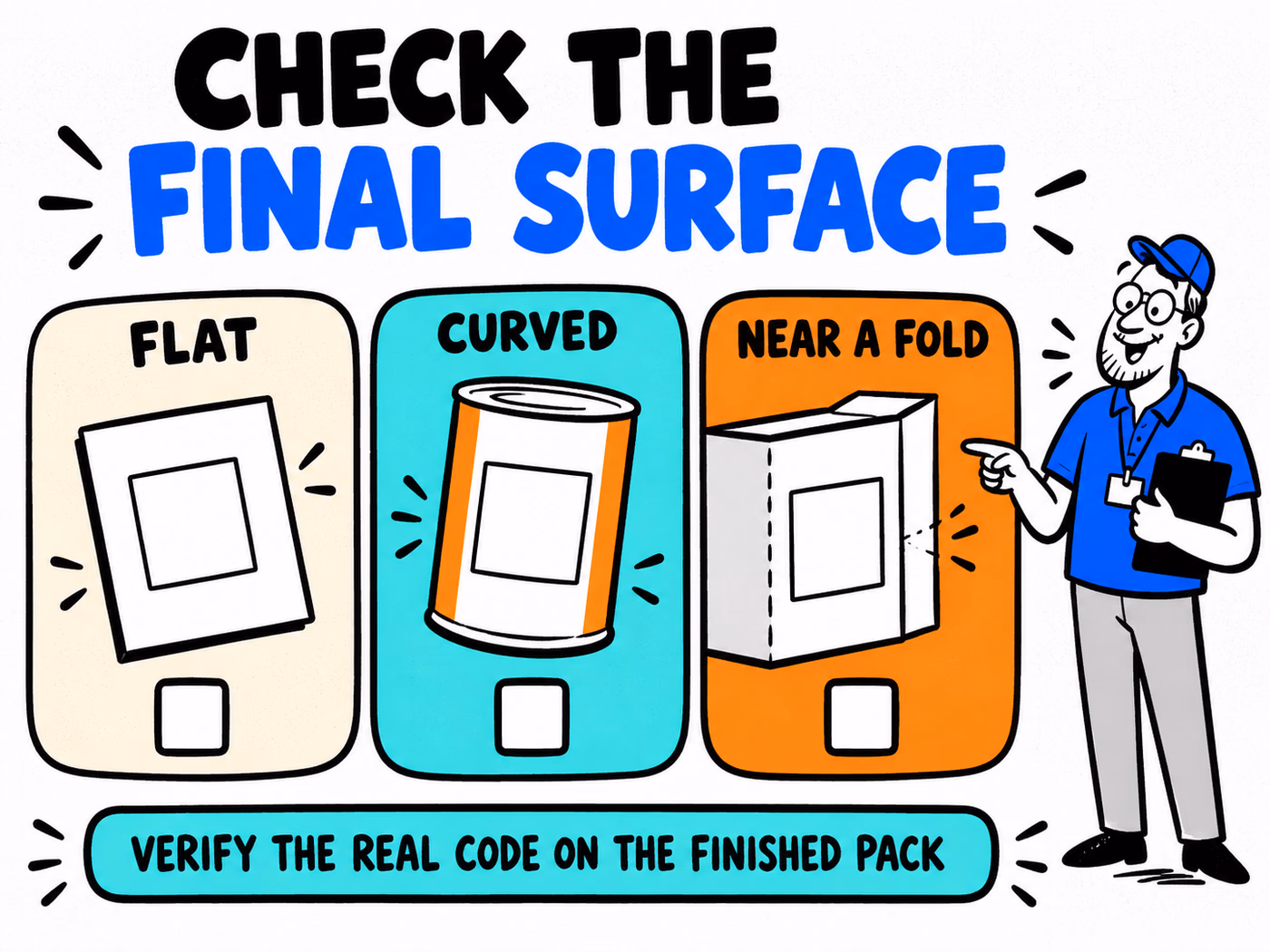 QR-placement review compares empty reserved areas on flat, curved, and fold-adjacent surfaces with blank observation boxes.