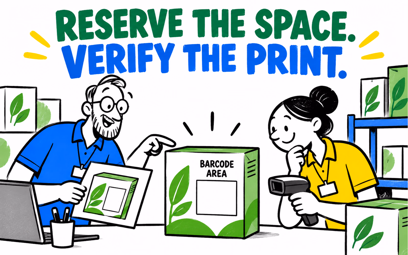 A fictional product carton has a blank reserved barcode area while two cartoon planners review the packaging and scanning context.