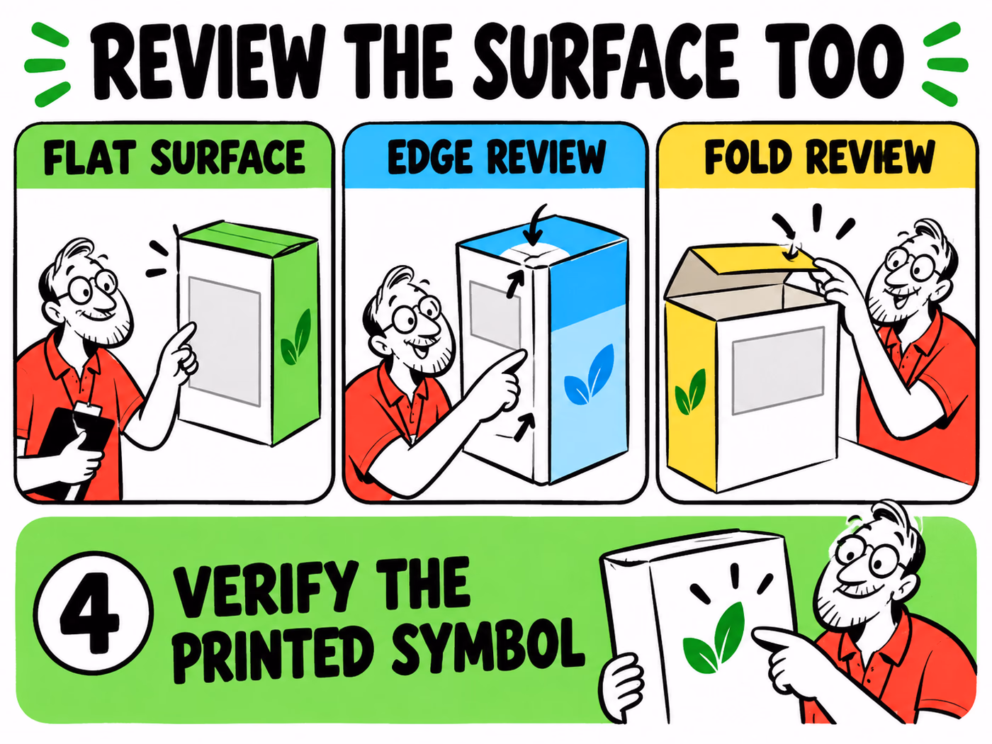 Barcode placement diagram identifies flat surface, edge and fold review areas, followed by verification of the actual printed symbol.