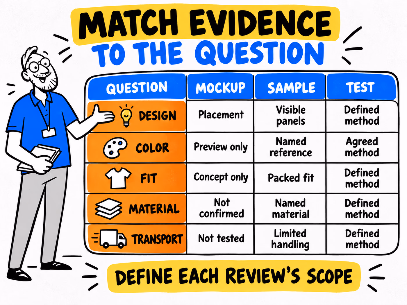 Review matrix distinguishes design, color, fit, material, and transport scope for a mockup, sample, and defined test.