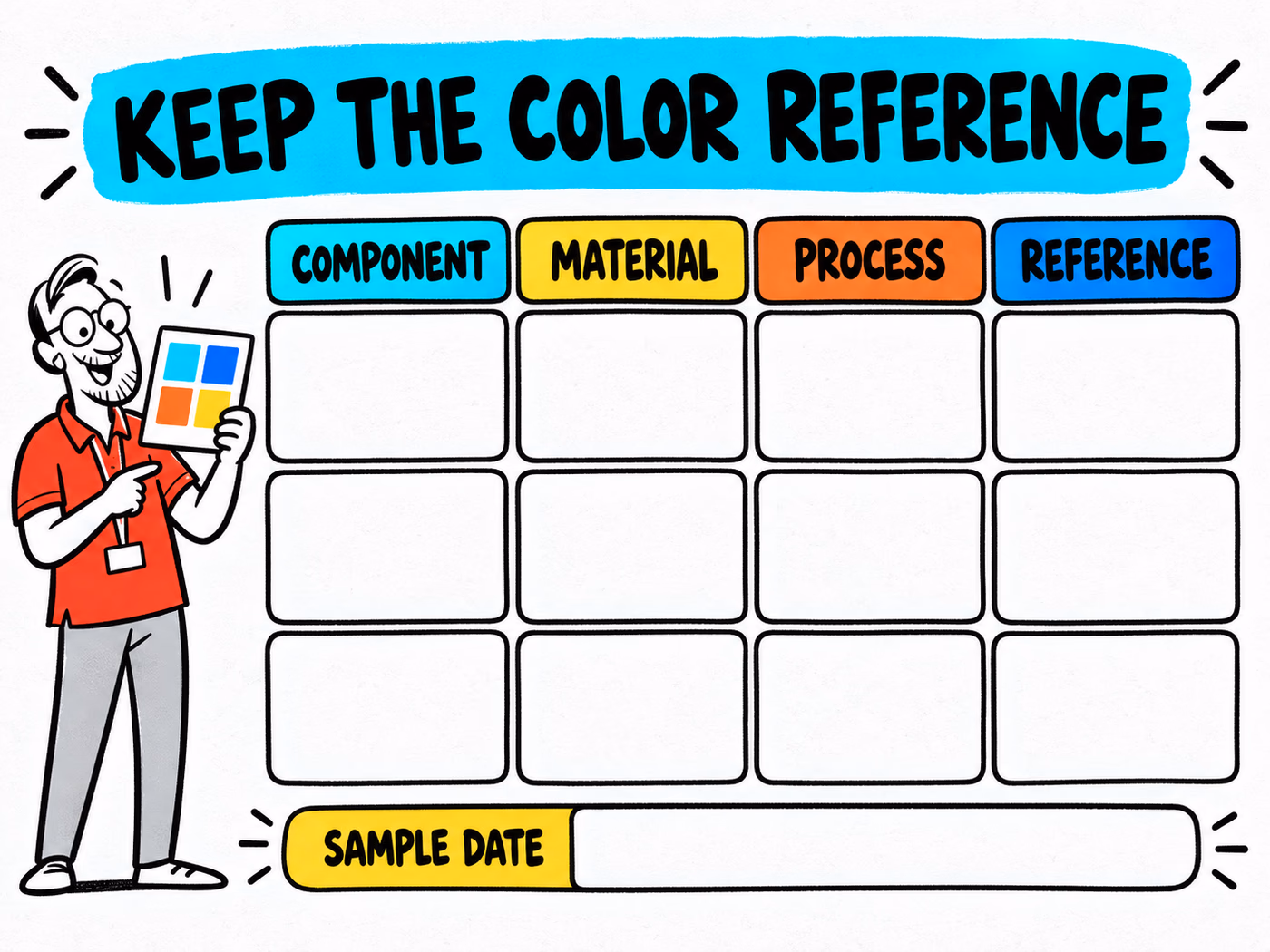 Blank color-review worksheet has component, material, process, reference, and sample-date fields beside a cartoon reviewer.