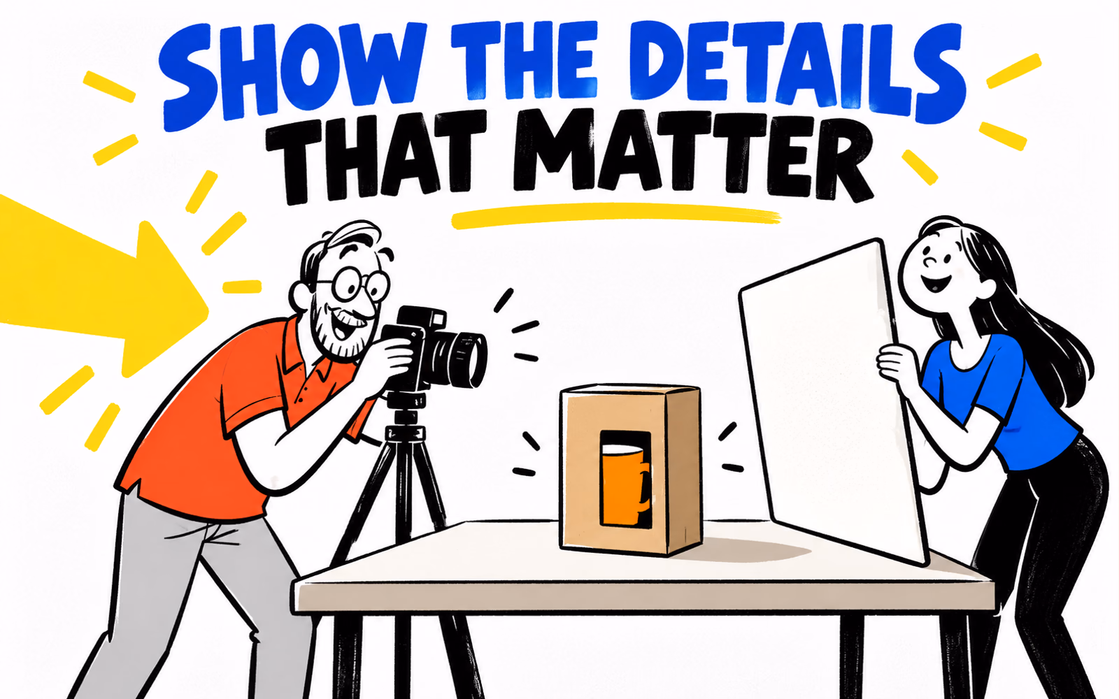 Illustrated tabletop photo setup includes a neutral carton, side-light arrow, simple reflector, unbranded camera and two cartoon adults.