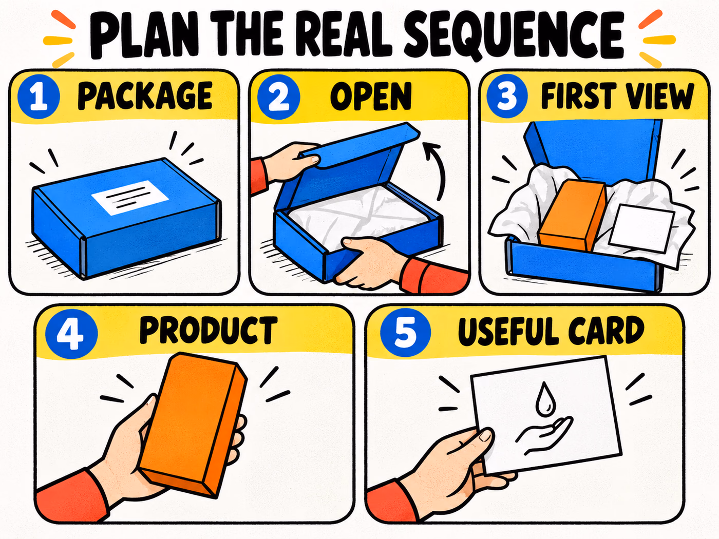 Five-frame unboxing storyboard shows the closed package, opening, first interior view, product and useful insert card.